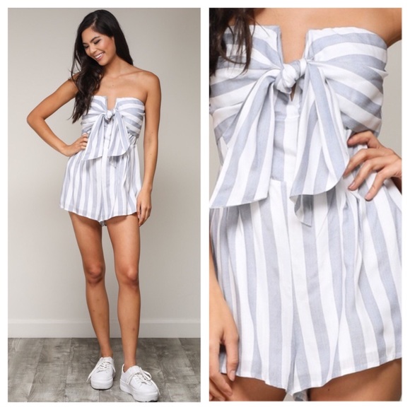 Striped Front Tie Romper, White + Denim - Picture 6 of 6